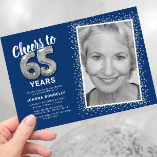 Cheers to 65 Years Navy Silver Photo Invitation