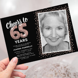 Cheers to 65 Years Rose Gold Photo Invitation
