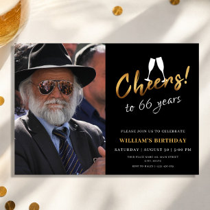 Cheers to 66 Years Gold Black Adult Birthday Photo Invitation