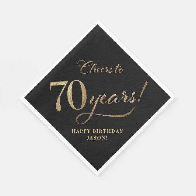 Cheers to 70 Birthday Glitter Black and Gold Napkins (Corner)