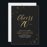 Cheers to 70 | Gold & Black 70th Birthday Party Invitation<br><div class="desc">Let's celebrate your special day with this stylish 70th birthday party invitation. This design features chic gold typography "Cheers to 70 years" and gold elements with a black background. You can customize the text and background color. More matching party supplies are available at my shop BaraBomDesign.</div>