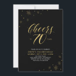 Cheers to 70 | Gold & Black 70th Birthday Party Invitation<br><div class="desc">Let's celebrate your special day with this stylish 70th birthday party invitation. This design features chic gold typography "Cheers to 70 years" and gold elements with a black background. You can customize the text and background color. More matching party supplies are available at my shop BaraBomDesign.</div>