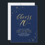 Cheers to 70 | Gold & Navy 70th Birthday Party Invitation<br><div class="desc">Let's celebrate your special day with this stylish 70th birthday party invitation. This design features chic gold typography "Cheers to 70 years" and gold elements with a navy blue background. You can customize the text and background color. More matching party supplies are available at my shop BaraBomDesign.</div>