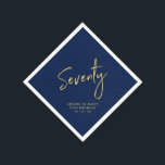 Cheers to 70 Modern Navy blue 70th Birthday Party Napkins<br><div class="desc">This custom paper napkin will add stylish detail to your 70th birthday celebration. This design features simple chic gold lettering "Seventy" with custom text on a navy blue backgound. Matching invitations and party supplies are available in my shop BaraBomDesign.</div>