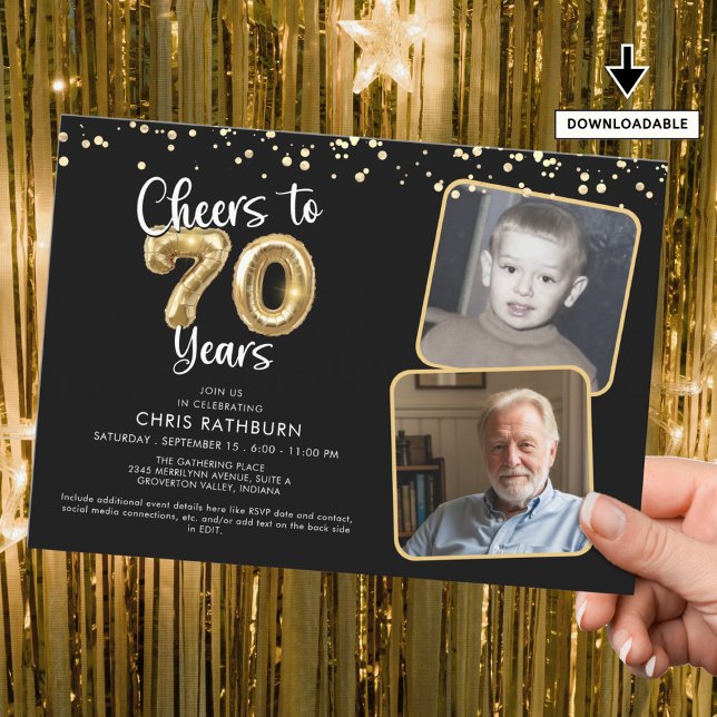 Cheers to 70 Years 2 Photos Script Balloon Invitation (Creator Uploaded)