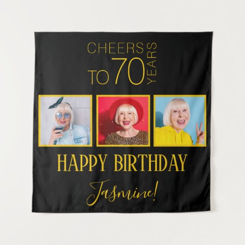 Cheers to 70 years 3 Photos Elegant Black Gold  Tapestry