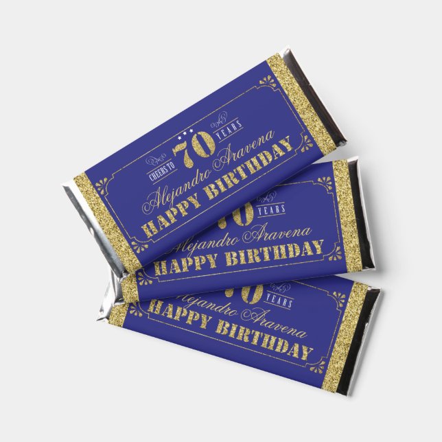 Cheers To 70 Years 70th Man Birthday Blue & Gold Hershey Bar Favors (Front)