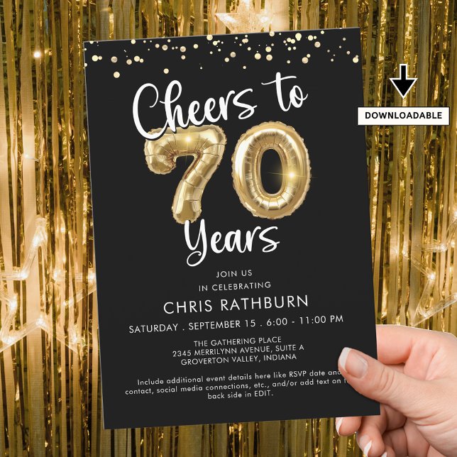 Cheers to 70 Years Balloons Confetti Invitation (Creator Uploaded)