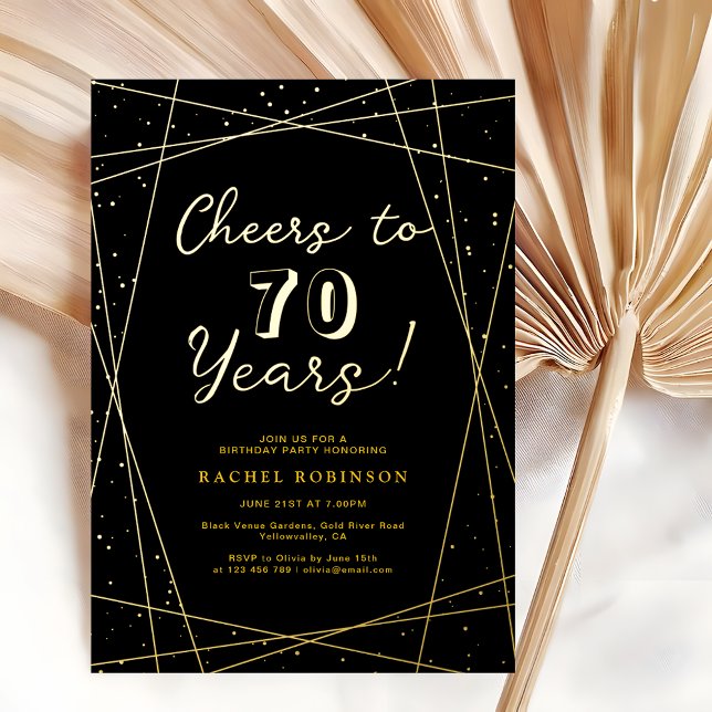 Cheers to 70 Years Birthday Party Black & Gold Foil Invitation (Creator Uploaded)