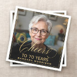 Cheers to 70 Years Birthday Photo Gold Black Napkins<br><div class="desc">Celebrate this special milestone with Cheers to 70 Years birthday napkins. Featuring your custom photo on a bold black background with elegant gold script, these personalized napkins bring a sophisticated touch to any 70th birthday party. Perfect for cocktails, cake, or appetizers, they are both functional and stylish. Pair them with...</div>