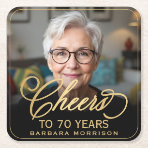 Cheers to 70 Years Birthday Photo Gold Black Square Paper Coaster
