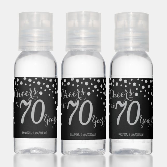 Cheers to 70 Years Black and Silver Diamond Hand Sanitizer (Set)