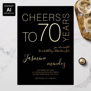 Cheers to 70 years Black Gold Elegant Birthday Foil Invitation