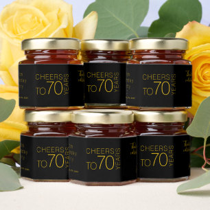 Cheers to 70 years Black Gold Elegant Birthday Honey Jar Favors