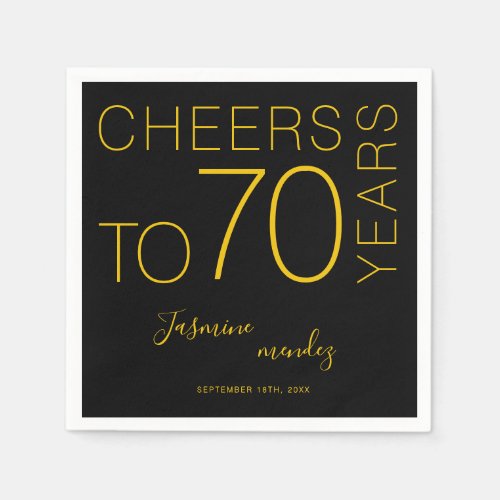 Cheers to 70 years Black Gold Elegant Birthday Napkins