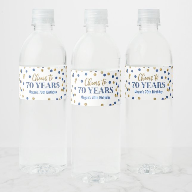 Cheers to 70 Years Blue Gold Confetti Birthday Water Bottle Label (Bottles)