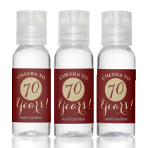 Cheers to 70 Years Burgundy Red and Gold Glitter Hand Sanitizer