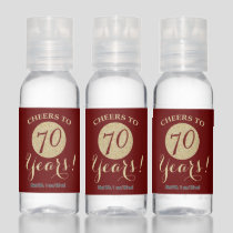 Cheers to 70 Years Burgundy Red and Gold Glitter Hand Sanitizer