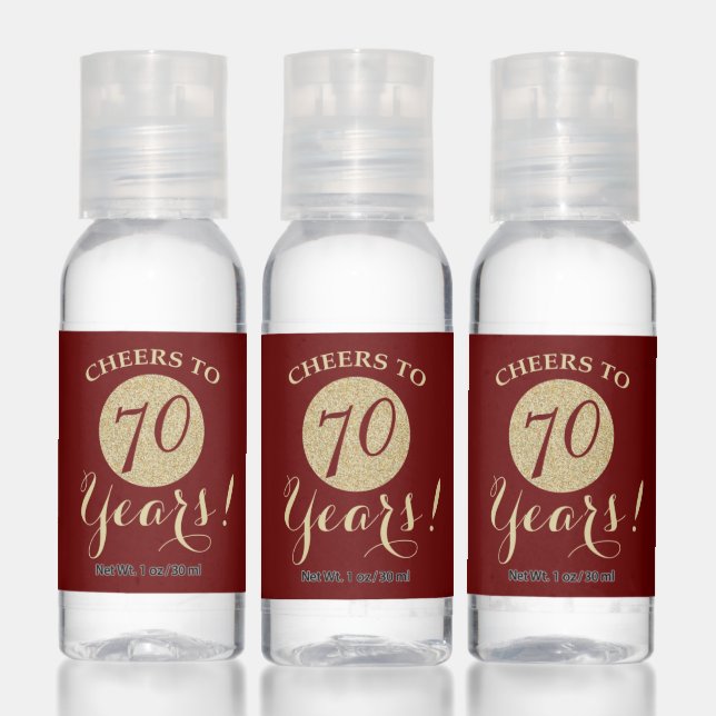 Cheers to 70 Years Burgundy Red and Gold Glitter Hand Sanitizer (Set)