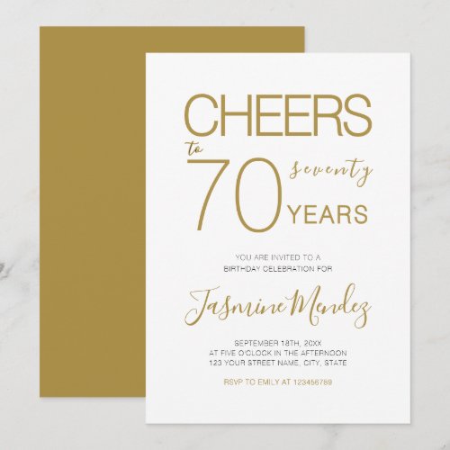 Cheers to 70 years Elegant Gold White Birthday Invitation