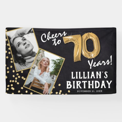 Cheers to 70 Years Gold Balloon 2 Photo Birthday Banner
