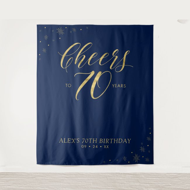 Cheers to 70 years | Gold & Blue Birthday Party Tapestry