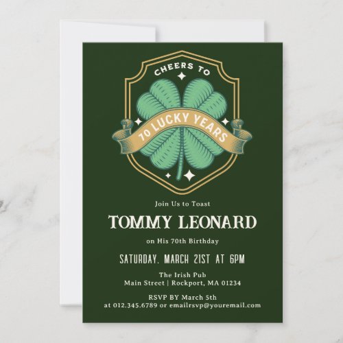 Cheers to 70 Years Lucky Shamrock Birthday Invitation