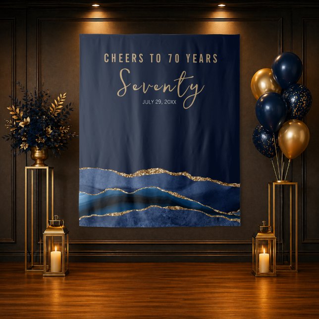 Cheers To 70 Years Navy Gold Agate Backdrop (Navy gold 70th birthday backdrop with agate detail for elegant celebration setup)