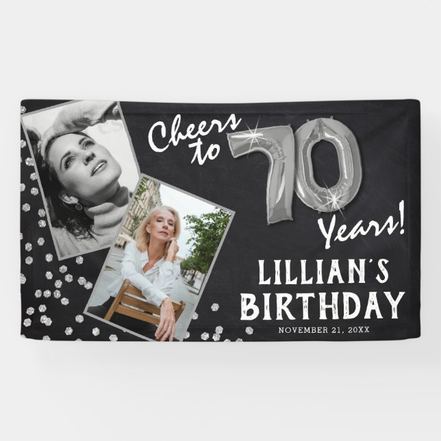 Cheers to 70 Years Silver Balloon 2 Photo Birthday Banner (Horizontal)