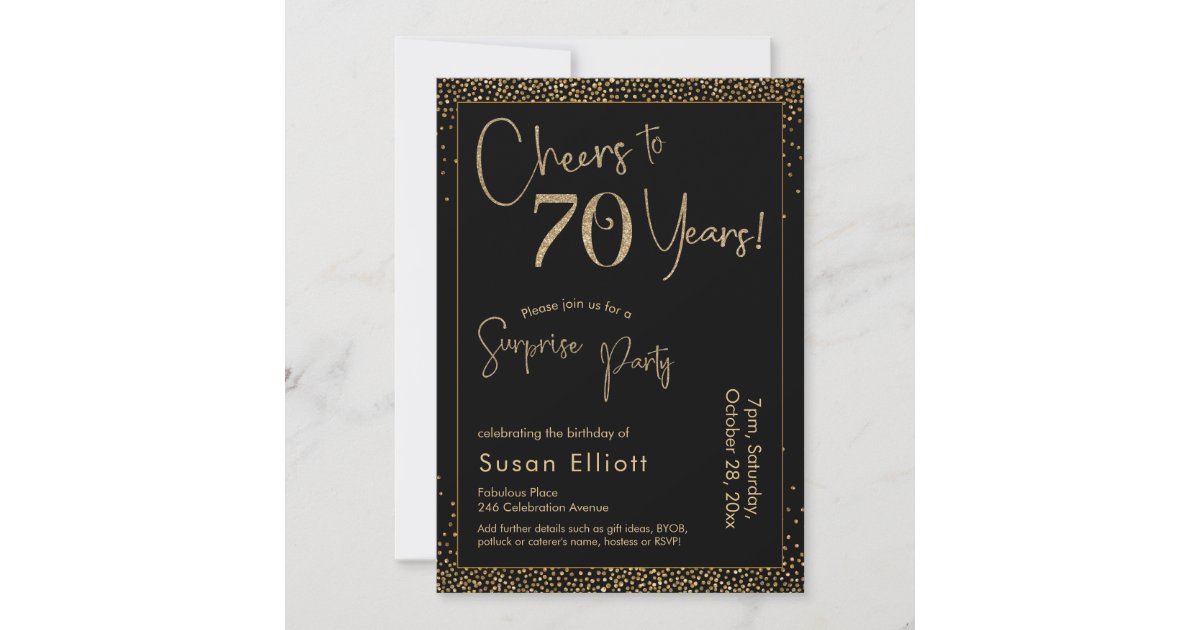 Cheers to 70 Years Surprise Birthday Party Black Invitation | Zazzle