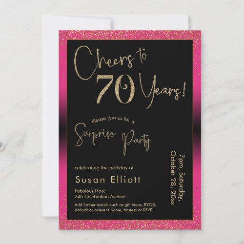 Cheers to 70 Years Surprise Birthday Party Pink Invitation