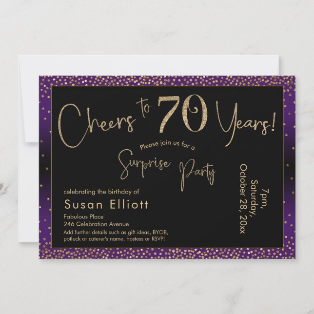 Cheers to 70 Years Surprise Birthday, Purple Invitation (Front)