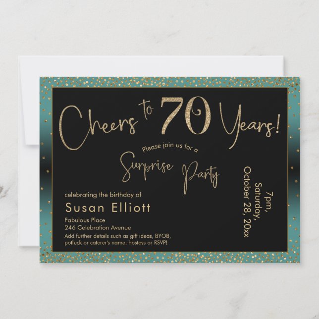 Cheers to 70 Years Surprise Birthday Teal and Gold Invitation (Front)