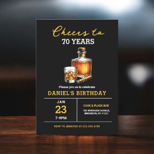 Cheers to 70 Years Whiskey Cigar Bourbon Birthday Invitation