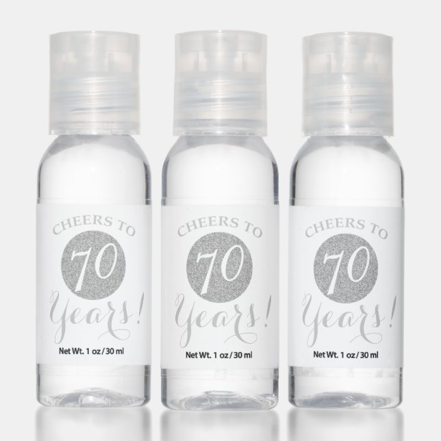 Cheers to 70 Years White and Silver Glitter Hand Sanitizer (Set)