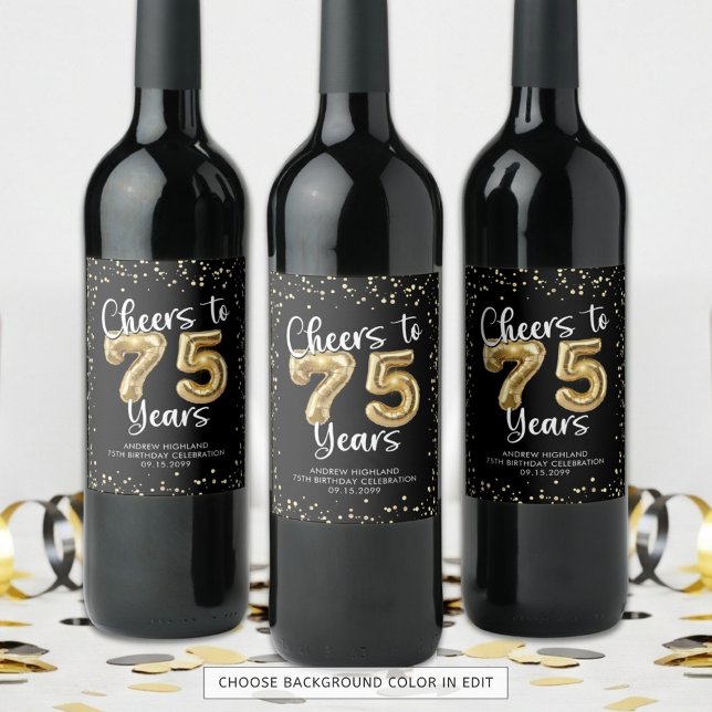 Cheers to 75 Years Black Gold Confetti Birthday Wine Label (Creator Uploaded)