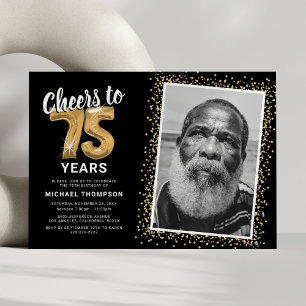 Cheers to 75 Years Black Gold Photo Invitation