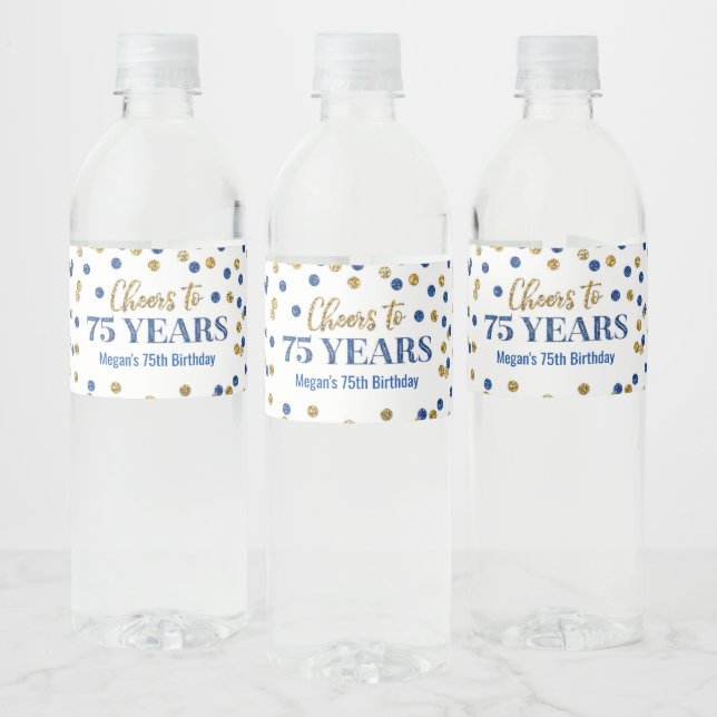 Cheers to 75 Years Blue Gold Confetti Birthday Water Bottle Label (Bottles)