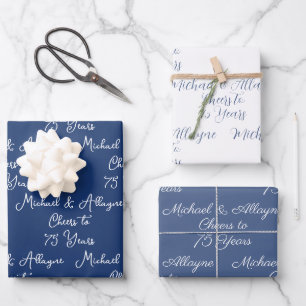 Cheers to 75 Years Navy Blue 75th Anniversary Wrapping Paper Sheets