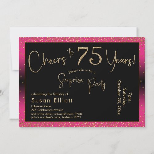 Cheers to 75 Years Surprise Birthday Deep Pink Invitation