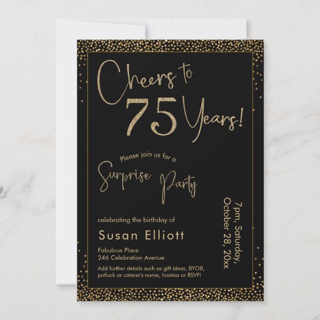 Cheers to 75 Years Surprise Birthday Party Black Invitation (Front)