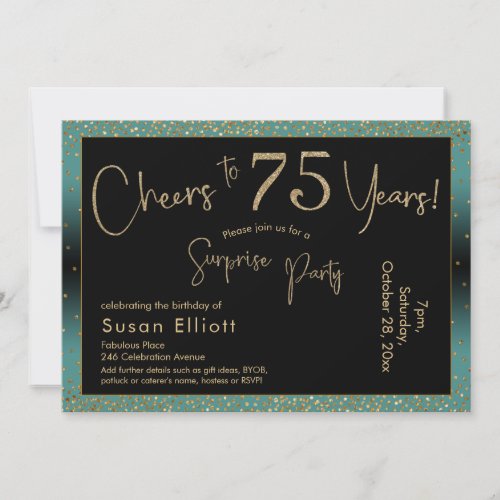 Cheers to 75 Years Surprise Birthday Teal and Gold Invitation