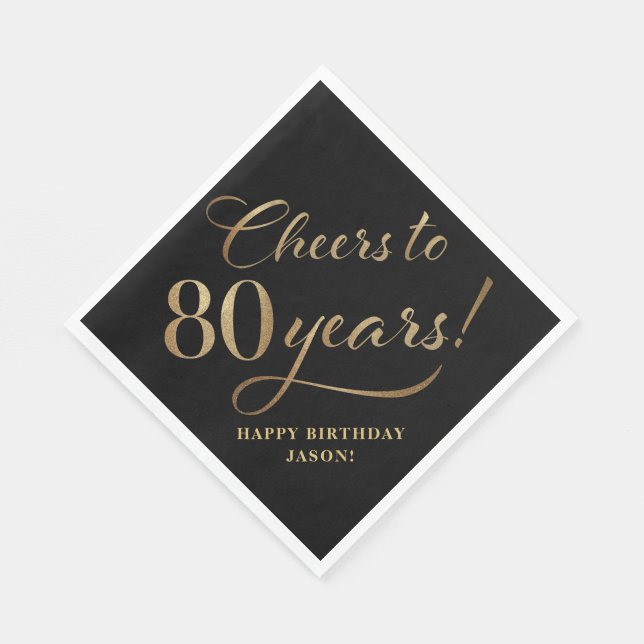 Cheers to 80 Birthday Glitter Black and Gold Napkins (Corner)