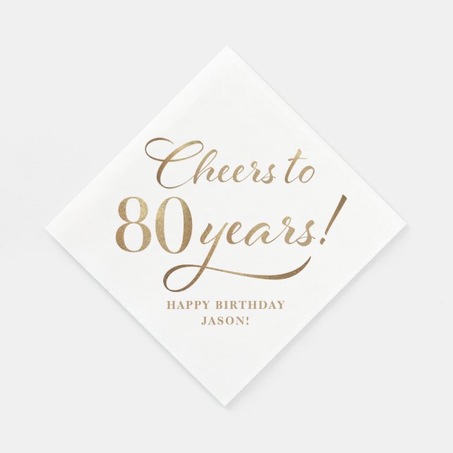 Cheers to 80 Birthday Glitter White and Gold Napkins (Corner)