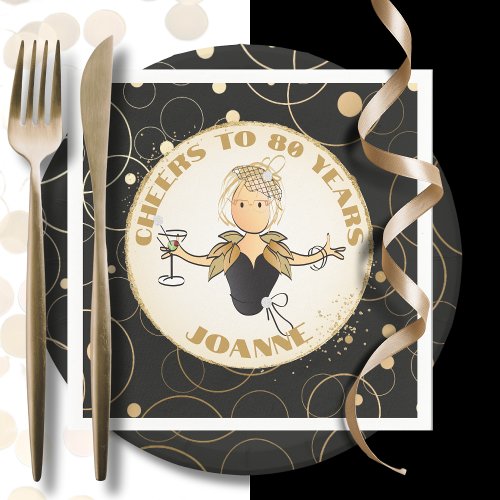 Cheers to 80 for Her Fun Gold Black 80th Birthday Napkins
