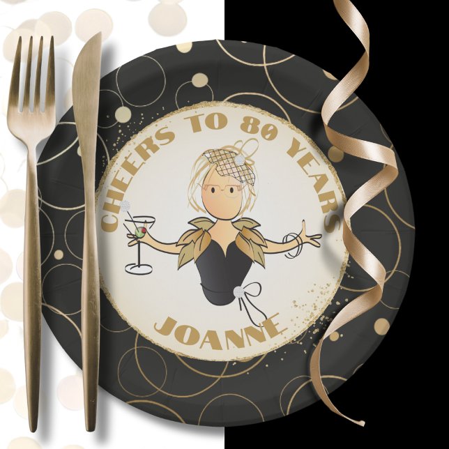 Cheers to 80 for Her Fun Gold Black 80th Birthday Paper Plates (Creator Uploaded)