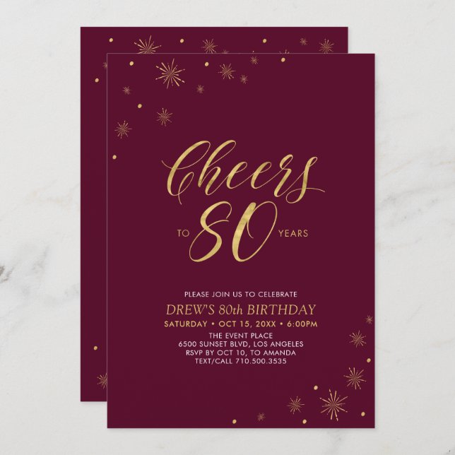 Cheers to 80 | Gold & Burgundy 80th Birthday Party Invitation (Front/Back)
