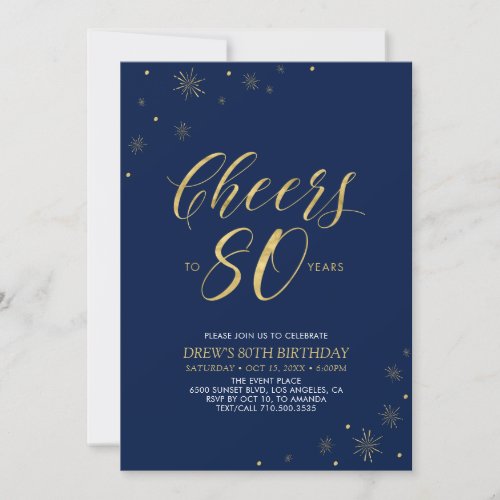 Cheers to 80  Gold  Navy 80th Birthday Party Invitation