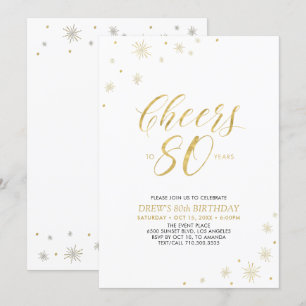 Cheers to 80   Gold & White 80th Birthday Party Invitation