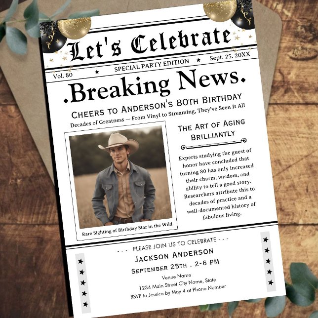 Cheers to 80! Newspaper Birthday  Invitation (Creator Uploaded)